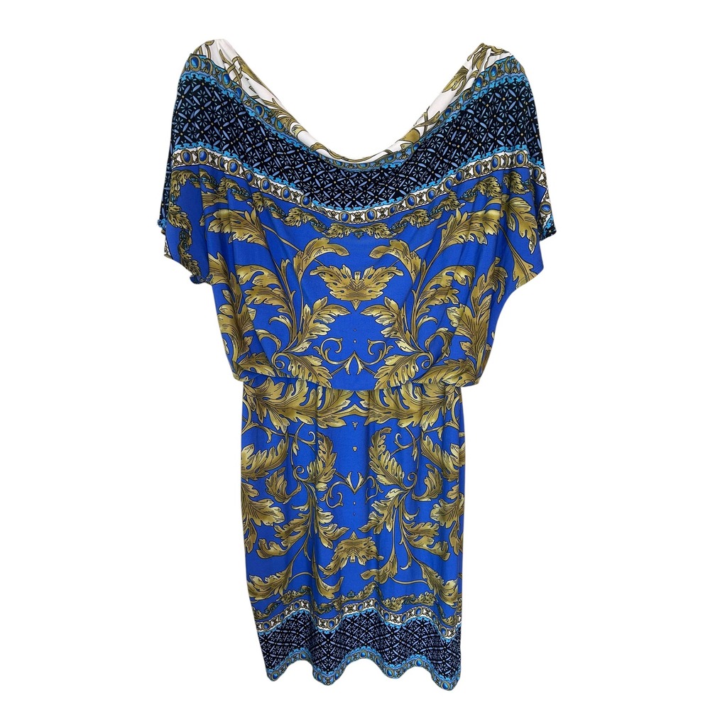 Scarlett Blue Gold Baroque Print Blouson Cowl Neck Sheath Dress Size 6